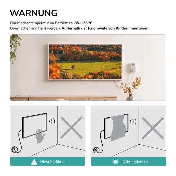 Warnhinweise für Infrarotheizung mit Informationen zu Betriebstemperatur, Verbot von Abdecken und Berühren sowie Montagehinweisen für Kinder.