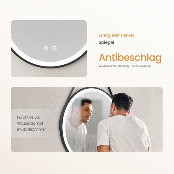 EMKE Badspiegel mit Beleuchtung ф60cm, Kaltweiß, Touchschalter & Antibeschlag, rostfreier Spiegel, für Badezimmer
