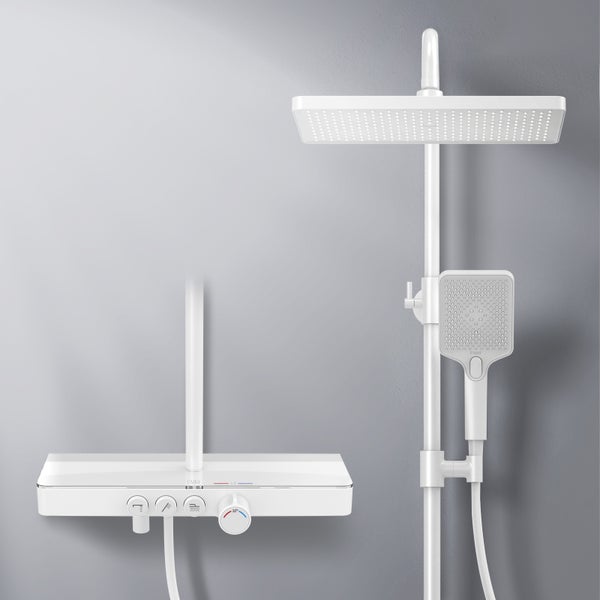 EMKE Duschsystem mit Thermostat, 3 Strahlarten, Überkopfbrause & Handbrause, Verbrühungsschutz, Wandmontage, 114,6 x 45 x 48 cm, mattweiß