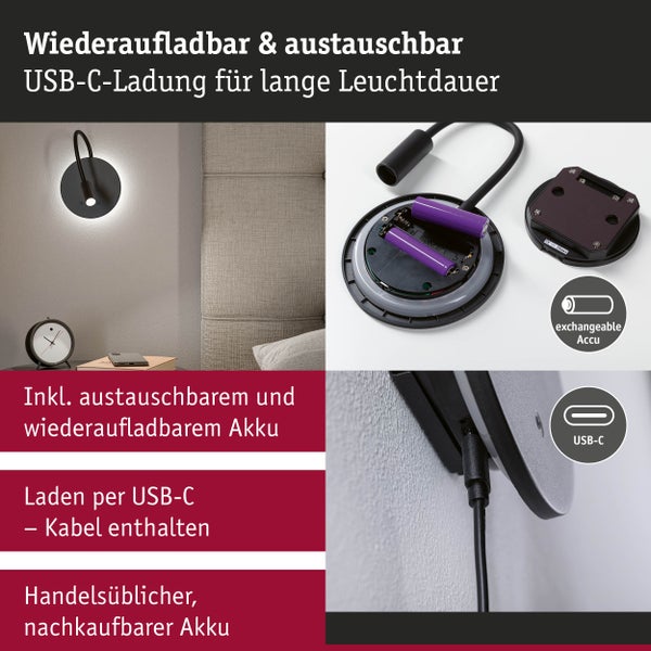 Wandleuchte mit wiederaufladbarem und austauschbarem Akku, Ladung per USB-C