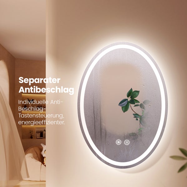 EMKE LED Badspiegel 60x80 cm, Touch-Schalter, 3 Farbtemperaturen einstellbar, Anti-Beschlag, flexible Montage, IP44, ovaler Spiegel, für Badezimmer