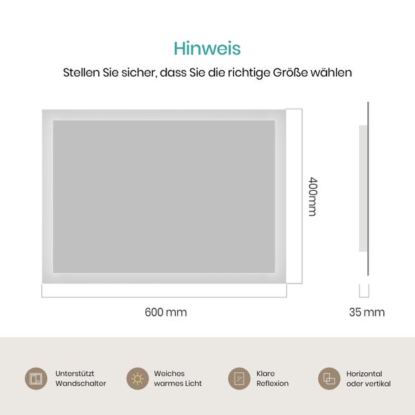 EMKE Badspiegel mit Beleuchtung  60 x 40cm,  LED-Spiegel mit Wandschalter, Warmweiß