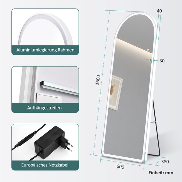 Maße des stehenden Spiegels mit Aluminiumlegierungsrahmen, Aufhängestreifen und europäischem Netzkabel