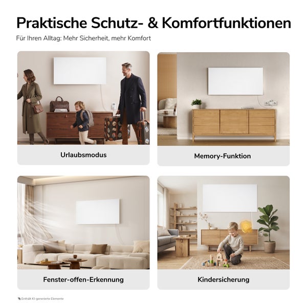 Infografik zeigt Funktionen einer Infrarotheizung mit Urlaubsmodus, Memory Funktion, Fenster offen Erkennung und Kindersicherung im Wohnraum.
