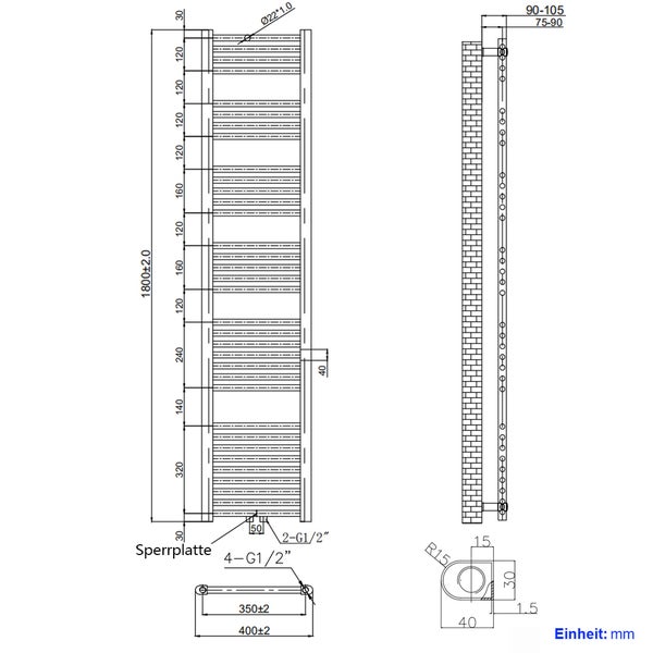 EMKE Badheizkörper Handtuchtrockner Handtuchwärmer 40x180cm, 663 Watt Weiß Bad-Heizkörper Mittelanschluss