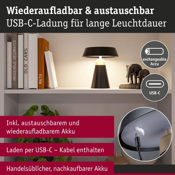 Dekorative Tischleuchte mit USB-C Ladeanschluss und austauschbarem Akku auf einem Regal