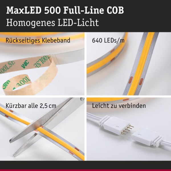 MaxLED 500 Full-Line COB LED-Lichtband mit rückseitigem Klebeband, 640 LEDs pro Meter, kürzbar alle 2,5 Zentimeter und leicht zu verbinden