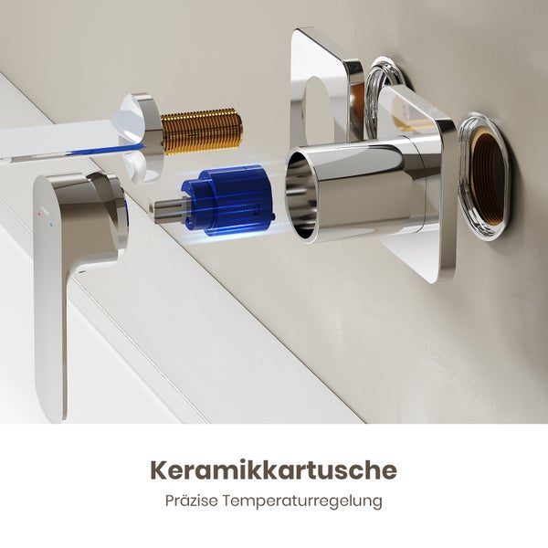 EMKE Wandarmatur, Edelstahl-Waschtischmischer, ergonomischer Einhebelmischer, geräuschreduzierend, Unterputz-Grundkörper,  Keramik-Ventilkern，Chrom