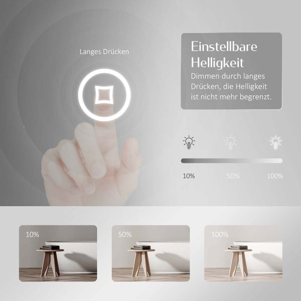 Illustration of adjustable brightness with a finger on a button.