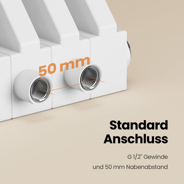 Heizkörper mit Standardanschluss, G 1/2 Zoll Gewinde und 50 Millimeter Nabenabstand