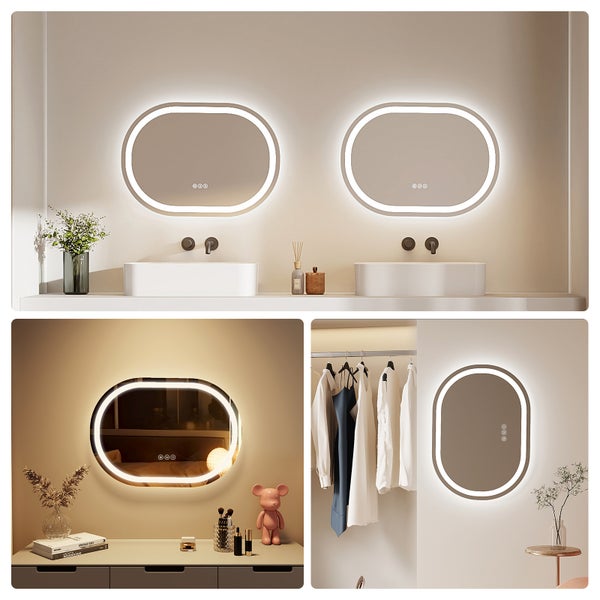 Collage mit ovalen Spiegeln mit LED-Beleuchtung in verschiedenen Raumsituationen