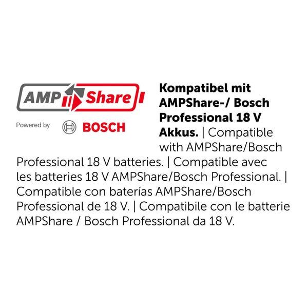 AMPShare Logo und Bosch Professional Logo mit Hinweis auf Kompatibilität zu 18 Volt Akkusystemen.