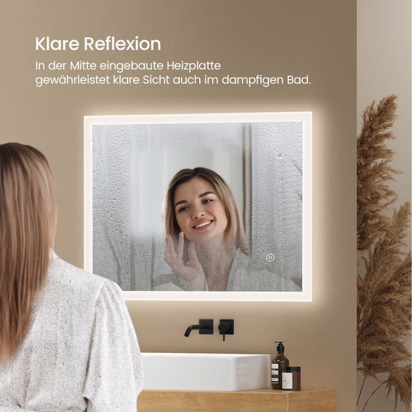 EMKE Badspiegel mit Beleuchtung 80x60 cm, LED Spiegel mit Touchschalter, Anti-Beschlag, 3 einstellbare Lichtfarben, IP44, für Badezimmer