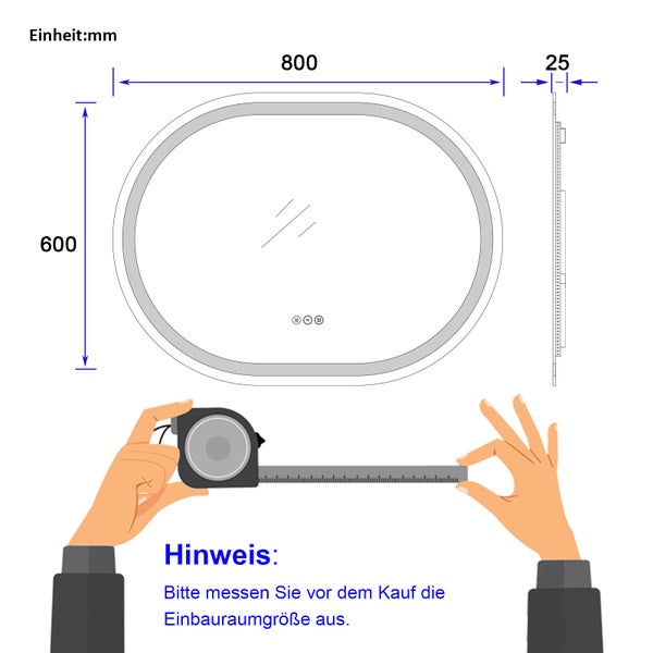 EMKE Spiegel Oval Badspiegel mit Beleuchtung Badezimmerspiegel, 80x60cm, Touch+3 Lichtfarbe+Beschlagfrei