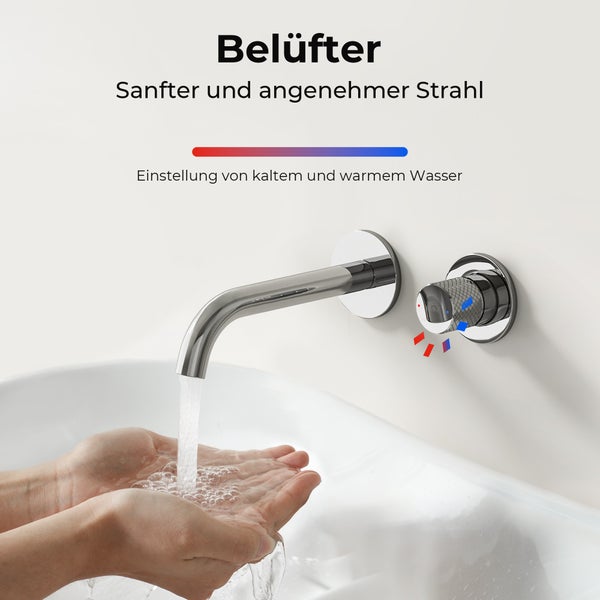 Wandarmatur mit Wasserhahn und Temperaturregler über einem Waschbecken mit Person, die Wasser in den Händen hält