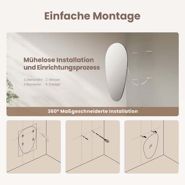 Anleitung zur einfachen Montage eines Spiegels mit den Schritten: Überprüfen, Messen, Montieren und Fertigstellen