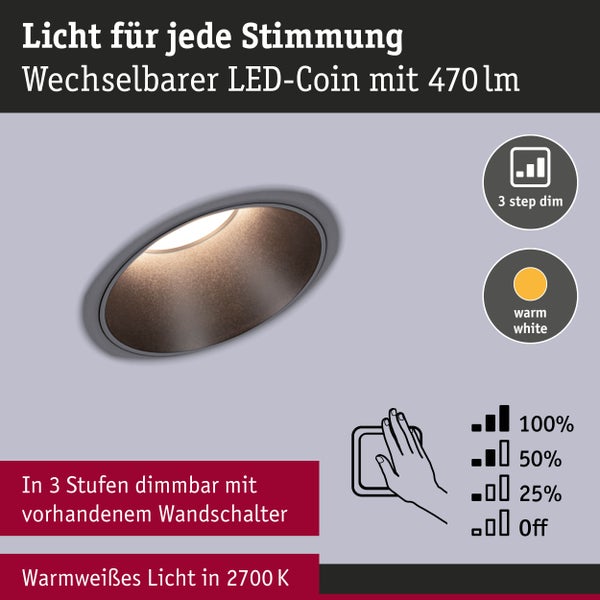 LED Einbauleuchte 3-Step-Dim Cole Coin 1er-Set IP44 rund 88mm Coin 6W 470lm 230V dimmbar 2700K Schwarz