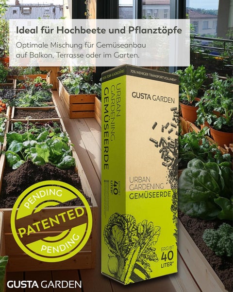 Gusta Garden torf- und kokosfreie Urban Gardening Gemüseerde für circa 40 Liter Erde vor Hochbeeten auf einer Terrasse, Patent angemeldet.