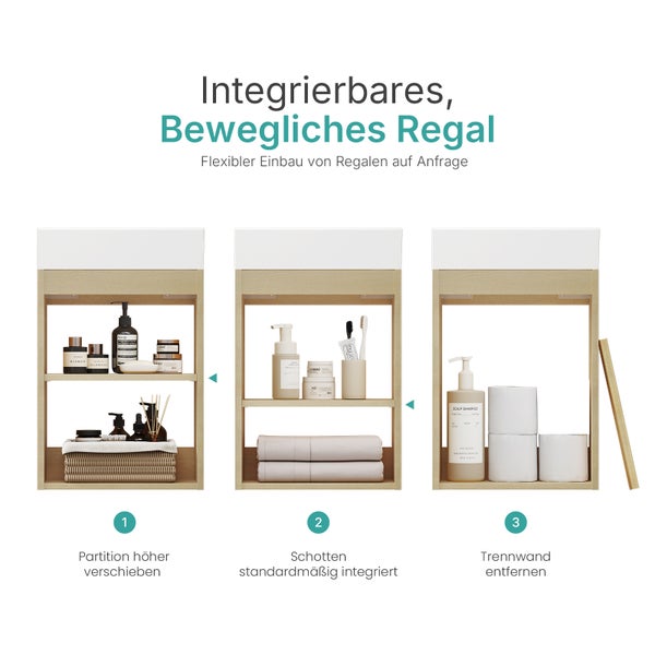 Integriertes, bewegliches Regal mit flexiblem Einbau und unterschiedlichen Fächern zur flexiblen Aufteilung