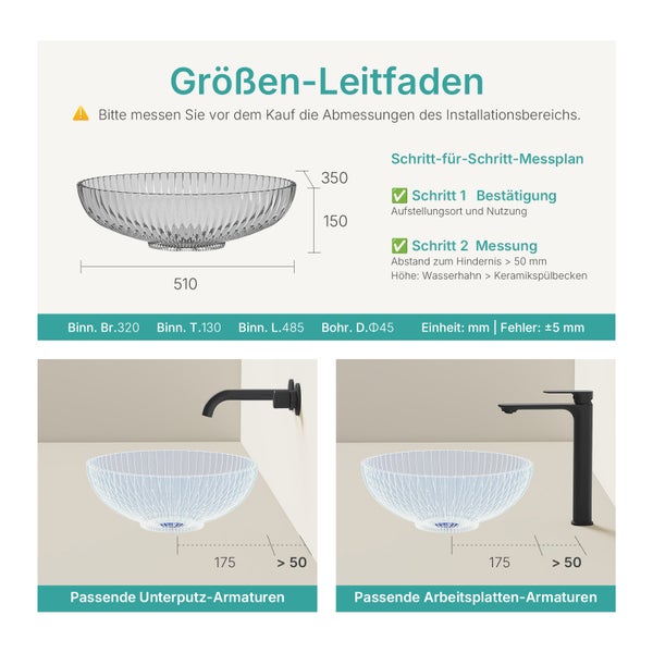 Größenleitfaden für eine transparente Waschtischschüssel mit Maßangaben und Installationshinweisen