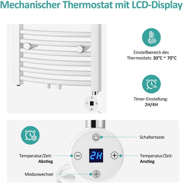 EMKE Heizstab 1200W mit Thermostat und LCD Bildschirm, Heizpatrone für Badheizkörper Heizelemente aus Edelstahl Heizungen Handtuchwärmer Weiß