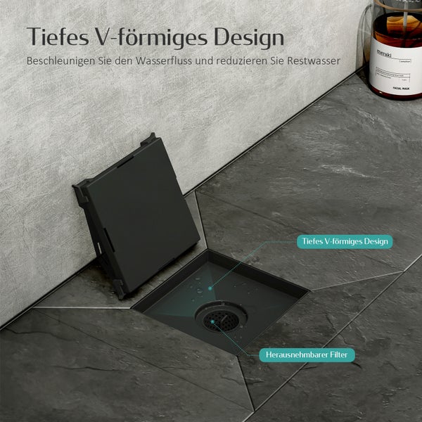EMKE Duschrinne Quadratischer Bodenablauf 2 in 1 Komplettset Edelstahl Duschrinne mit Bodenablaufabdeckung,Geruchsstop und Haarsieb Randablauf Schwarz