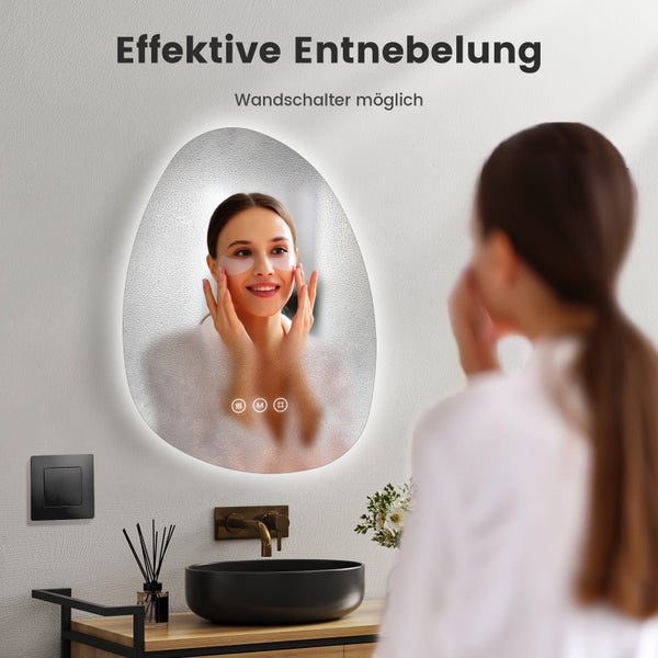 EMKE LED Badspiegel 75x55 cm, asymmetrisches Design, 3 dimmbare Lichtfarben und Helligkeit, Anti-Beschlag, Memory-Funktion, IP44, flexible Montage, für Bad