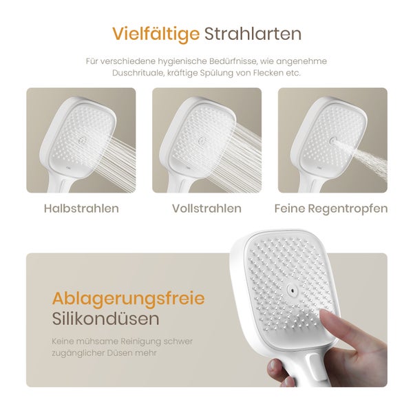 Duschkopf mit verschiedenen Strahlarten und ablagerungsfreien Silikondüsen