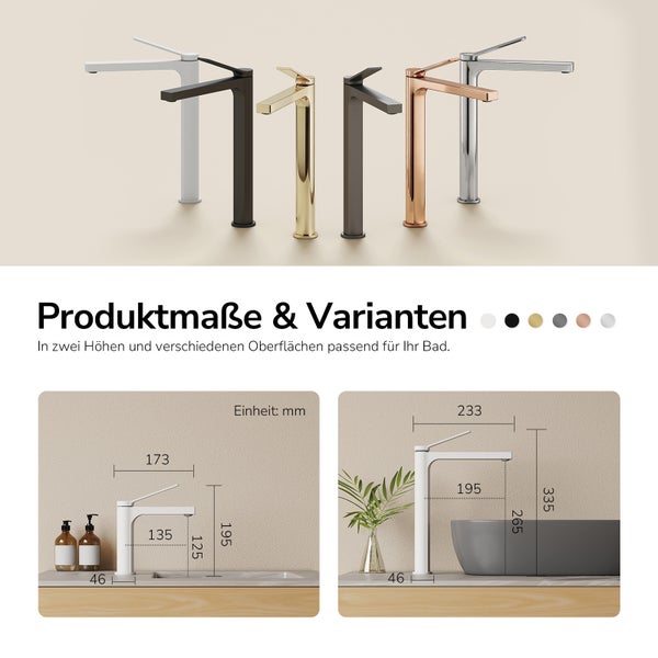 Set mit verschiedenen Waschtischarmaturen in unterschiedlichen Oberflächen und zwei Höhenangaben mit bemaßten technischen Zeichnungen.