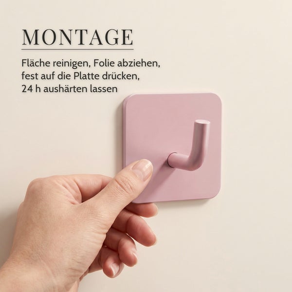 Montageanleitung für einen selbstklebenden Wandhaken mit quadratischer Platte durch Festdrücken an einer Wand.