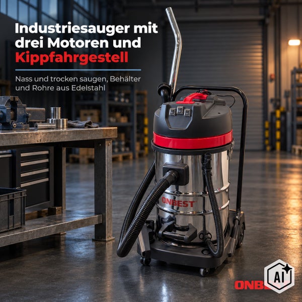 Industriestaubsauger von Onbest mit Edelstahltank, 940 Millimeter Höhe, 560 Millimeter Breite, 24,2 Kilogramm Gewicht und 4 Meter Netzkabel.