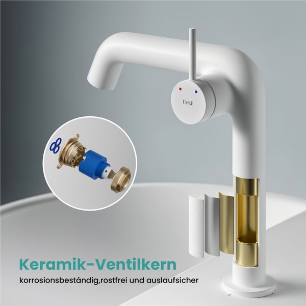 EMKE Einhebel-Waschtischarmatur, Badarmaturen, Waschbecken Armatur - Schweizer Design, Minimalistisches Design，G3/8, Wassersparend, Korrosionsschutz, Warm- & Kaltwasser, Bleifreies Messing, Pflegeleicht, Weiß Matt