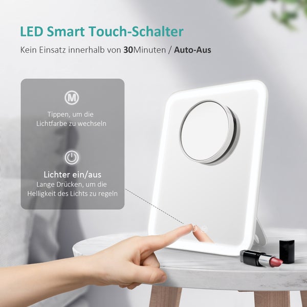EMKE Kosmetikspiegel mit Beleuchtung, 3 Lichtfarben und 3X Fach Vergrößerungsspiegel Schminkspiegel mit licht-180° Drehbar USB Wiederaufladbar, Makeup Spiegel mit Vergrößerung