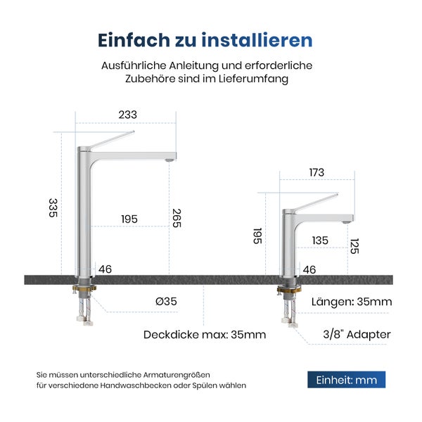 Technische Zeichnung einer Waschtischarmatur mit Maßangaben