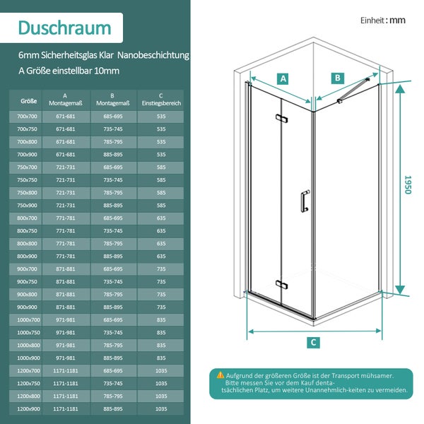 EMKE Duschkabine 90x90cm Duschabtrennung 6mm ESG klares Sicherheitsglas Falttür Duschtür mit Seitenwand Höhe: 195cm