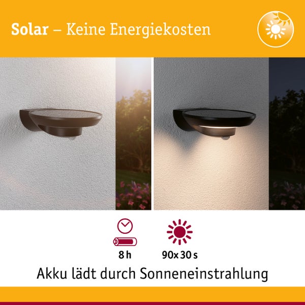 Solar LED Außenwandleuchte Bordola Dämmerungsgesteuerter Bewegungsmelder (IR) IP44 180x211mm 3000K 3,5W 220lm 3,7V Anthrazit Kunststoff