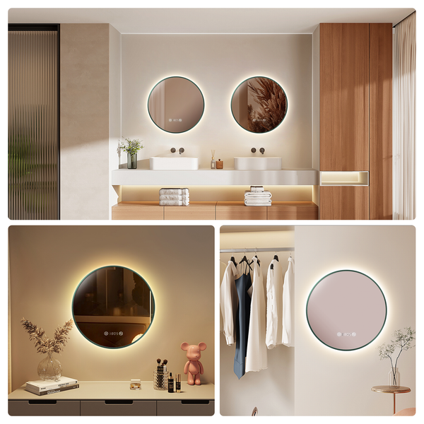 EMKE Badspiegel mit Beleuchtung, runder LED-Spiegel mit Touchschalter und Uhr, Badspiegel mit grünen Rahmen, ф80cm, Neutralweiß