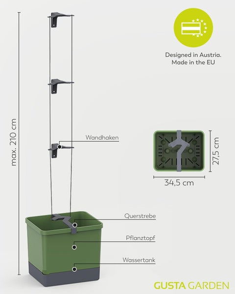 Gusta Garden Hängegarten mit den Maßen maximal 210 cm Höhe, 34,5 cm Breite und 27,5 cm Tiefe, bestehend aus Wandhaken, Querstange, Pflanztopf und Wassertank