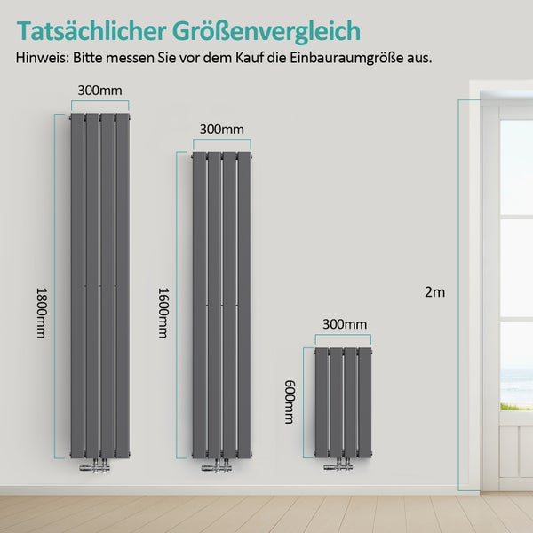 Größenvergleich von drei Heizkörpern mit den Maßen 1800 mm, 1600 mm und 600 mm Höhe und einer Breite von 300 mm.