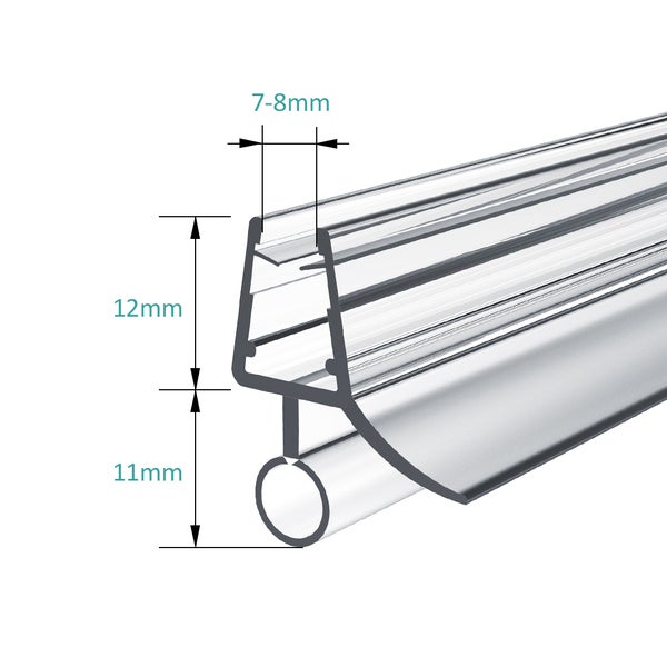 Duschdichtung mit Maßen: Glasaufnahme 7 bis 8 Millimeter, Profilhöhe 12 Millimeter, Schlauchhöhe 11 Millimeter.