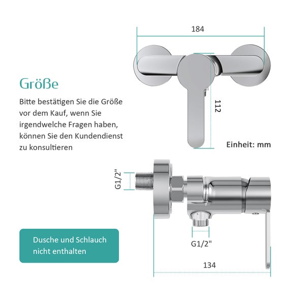 EMKE Badewannenarmatur 184 x 134 x 112 mm, G1/2 Zoll, Einhebel Wannenmischbatterie für Wandmontage, Chrom Aufputz Wasserhahn für Dusche und Badewanne