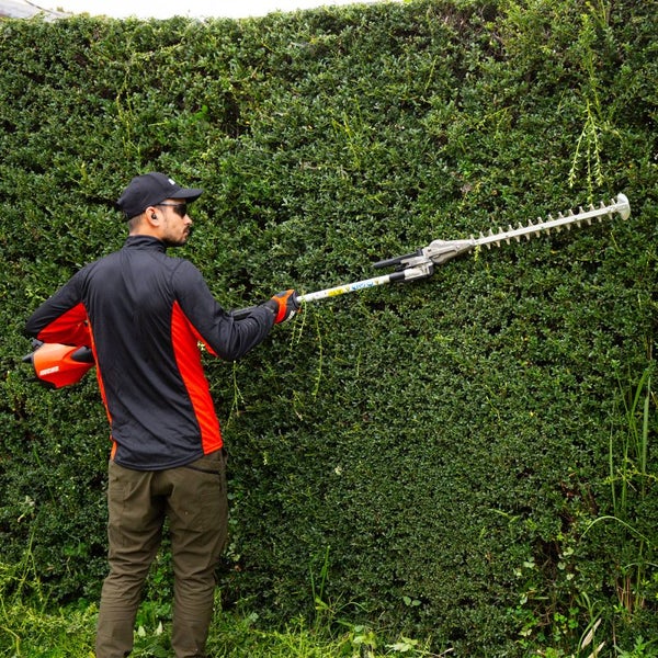 Eine Person schneidet eine Hecke mit einer Heckenschere.