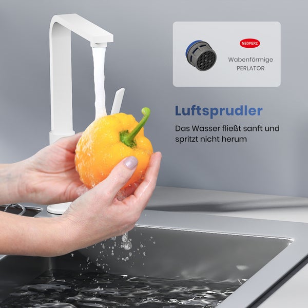 EMKE Küchenarmatur Spülbecken armatur 303x225x101mm Wasserhahn Küche, Einhebelmischer Weiß Matt Küchenarmaturen, Modern Messing Küchenarmatur