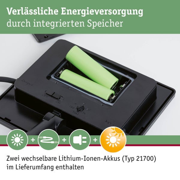 Plug und Shine Solarpanel mit einer Timer-Funktion für vordefinierte Intervalle von einer bis acht Stunden für eine zeitgesteuerte Beleuchtung.