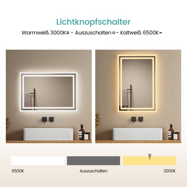 EMKE Badspiegel mit Beleuchtung 60 x 40 cm, Warmweiß/Kaltweiß, seitlicher Kippschalter, beschlagfrei, Aluminiumrahmen, IP44, für Badezimmer