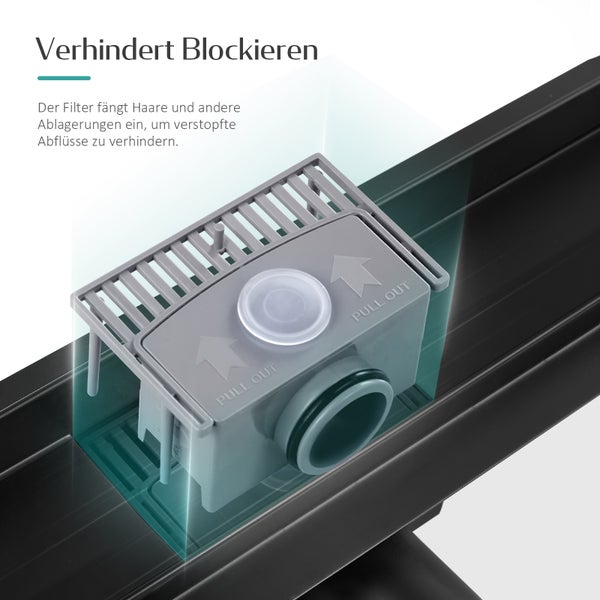 EMKE Duschrinne Edelstahl 2-in-1 Komplettse, 500mm, Befliesbar, Extra Flach, Schwarz mit Haarsieb und Siphon - Standardgröße Adapter 40/50mm, Einbauhöhe 77-96mm, Wasserdurchfluss 30L/Min.