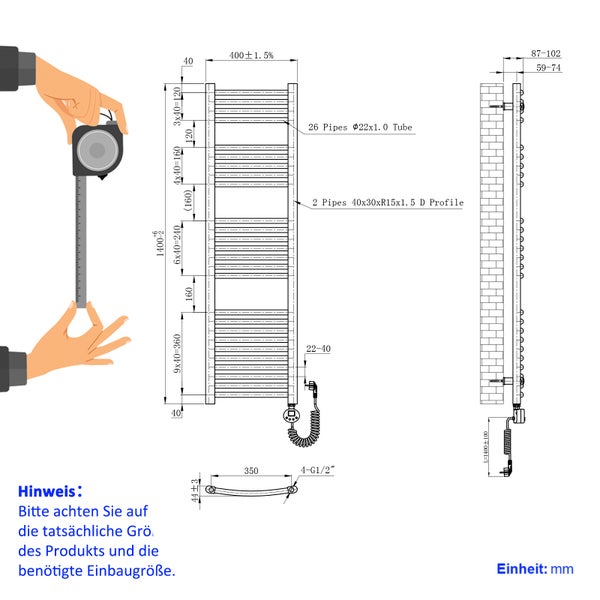 EMKE Elektrischer Badheizkörper Gebogen Badheizkörper Elektrisch mit Thermostat, Handtuchtrockner mit Heizstab,Weiß,140x40cm,479W