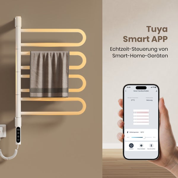 Elektrischer Handtuchwärmer mit Handtuch und Smartphone-App zur Steuerung