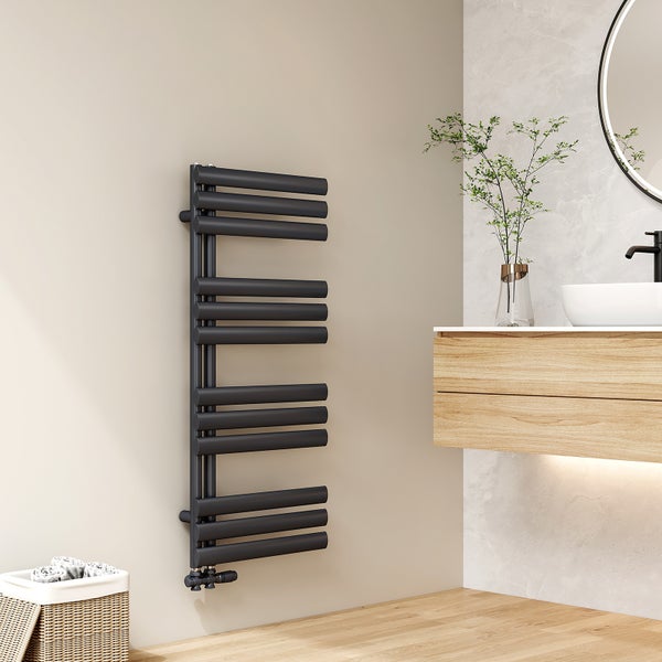 EMKE Badheizkörper Oval Röhren Badheizkörper Handtuchtrockner Handtuchwärmer, Rohrheizkörper Vertikal Seitenanschlussfür Wasser, Anthrazit, 112×50cm, 475W