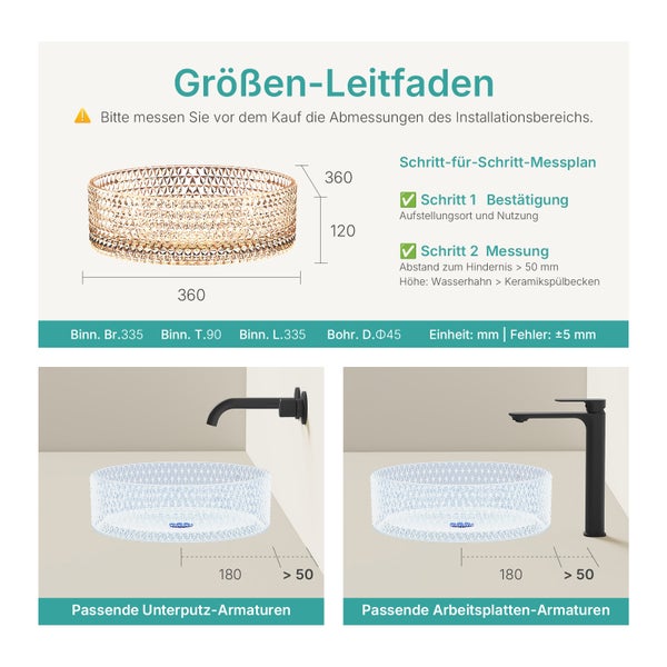 EMKE Waschbecken Ø36 cm, Kristallglas Roségold, elektroplattiertes Design, Höhe 112 mm, ohne Hahnloch, für Badezimmer